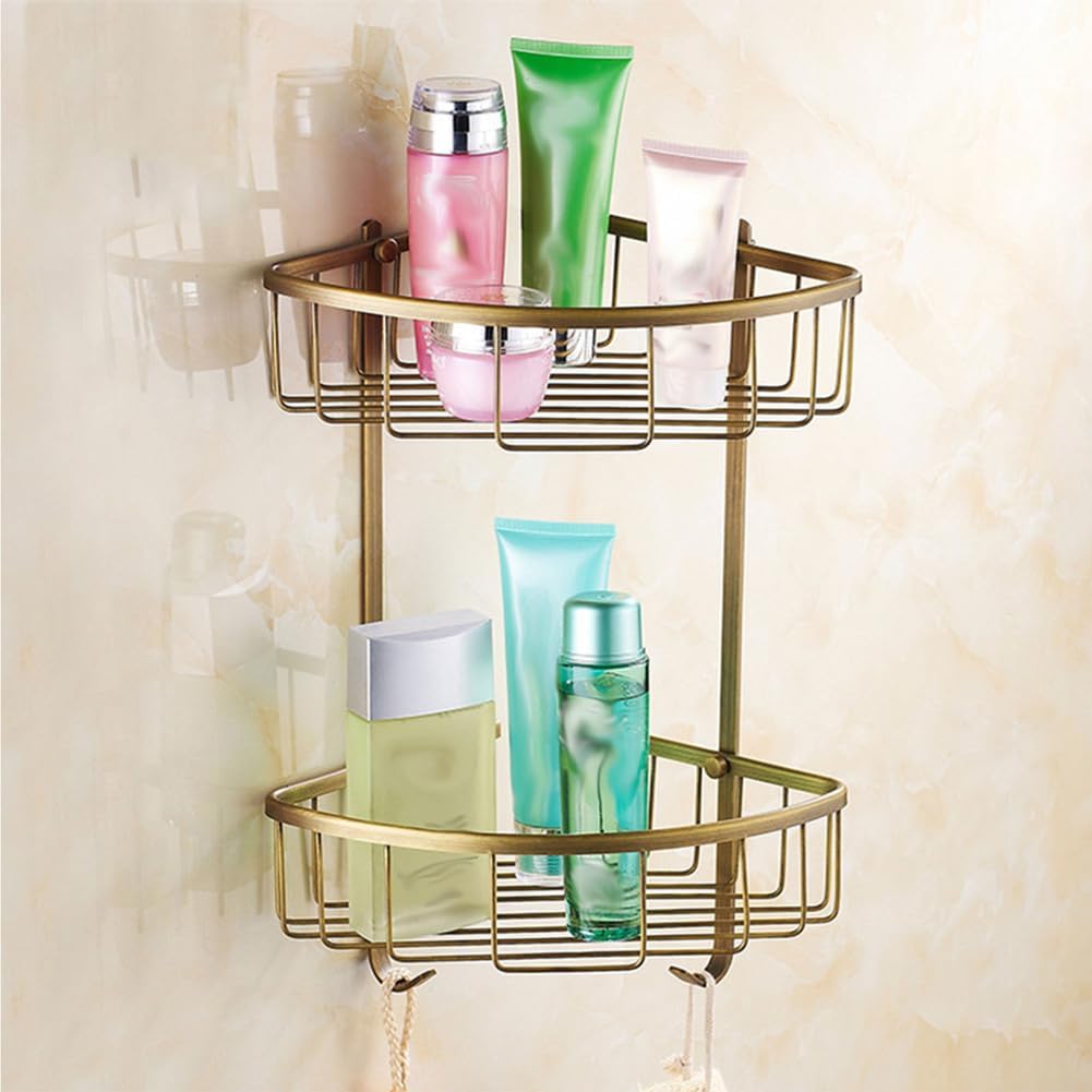Bathroom Hardware Set,Towel Rack Set for Bathroom European Antique Brass Bath Towel Bar Toilet Wall Hanging Bathroom Pendant Towel Rack Stand,Double Layer Tripod Basket