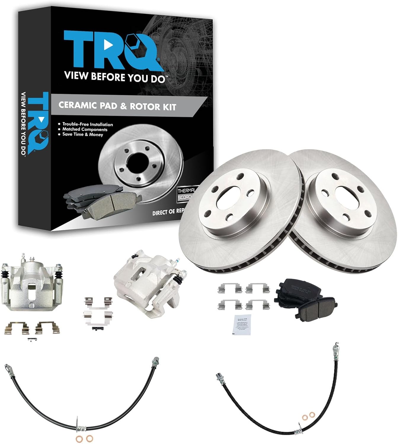 TRQ Front Brake Pad and Rotor Set Ceramic Vented Rotors Calipers Hoses Compatible with 2003-2008 Toyota Corolla