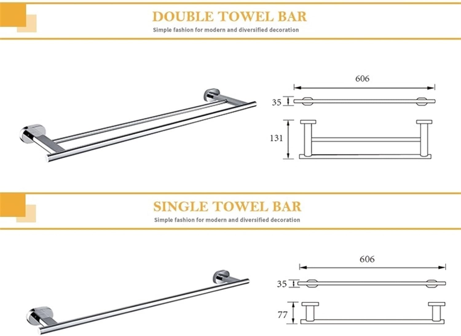 KETTEL Bathroom Accessories, Chrome Polished Bathroom Hardware,Gold Holder Bathroom Accessories，Wall-Mounted Bathroom Rack Accessory ，Fixtures (Color : Single Towel Bar)
