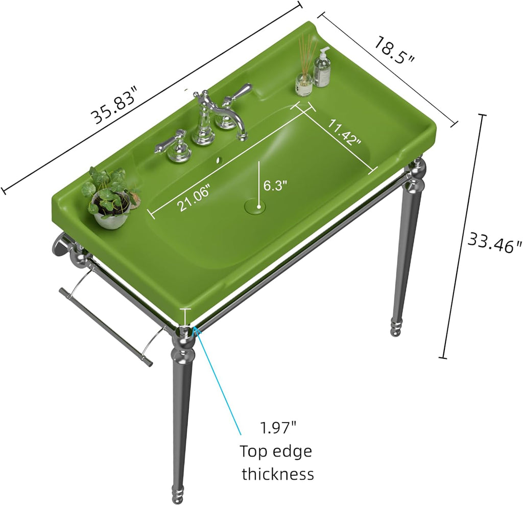 36'' Console Bathroom Sink, Freestanding Console Sink With Stainless Brushed Chrome Legs, Modern Bathroom Sink Vanities with 3 Tap Holes and Pop Up Drain, Green with Silver