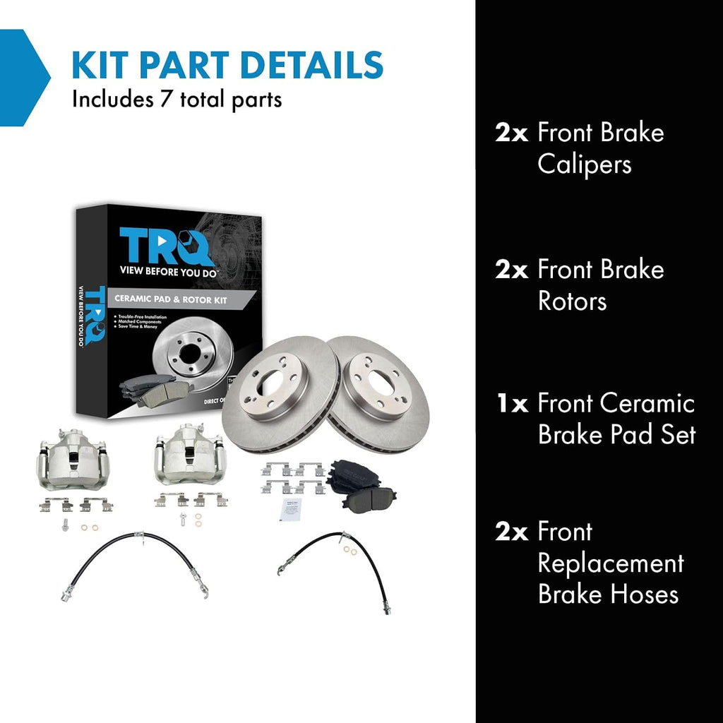 TRQ Front Brake Pad and Rotor Set Ceramic Rotors Calipers Hoses Compatible with 2002-2006 Toyota Camry LE