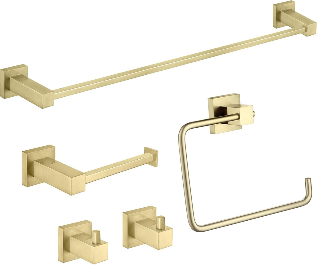 KIBI Cube 5-Piece Bathroom Hardware Set – Wall Mounted Bath Accessories Kit, Premium Brass, Includes Towel Bar, Towel Ring, Toilet Paper Holder, Robe Hook & Towel Hook (Brushed Gold, C-KBA15-5-1)