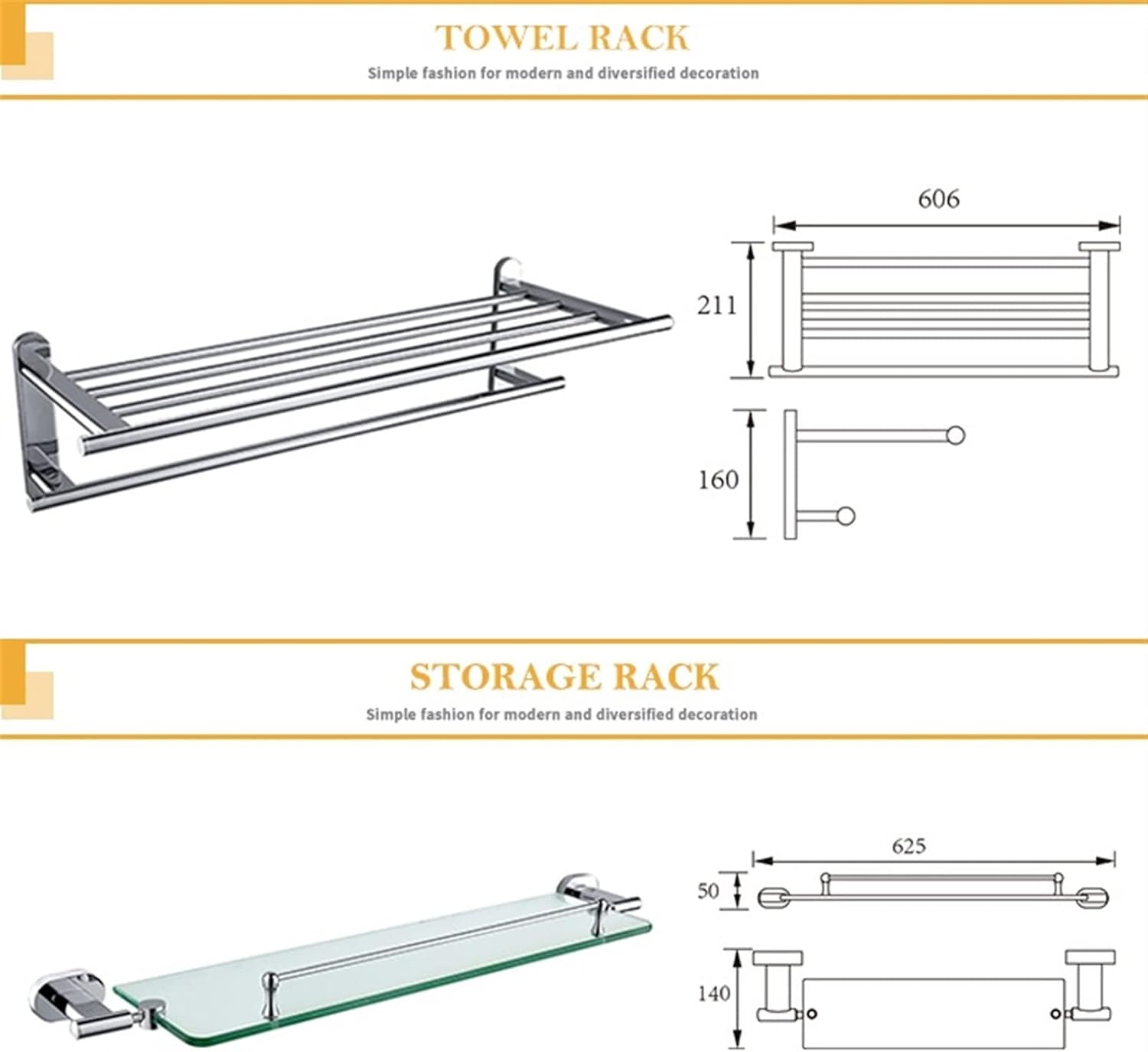 KETTEL Bathroom Accessories, Chrome Polished Bathroom Hardware,Gold Holder Bathroom Accessories，Wall-Mounted Bathroom Rack Accessory ，Fixtures (Color : Double Towel Bar)
