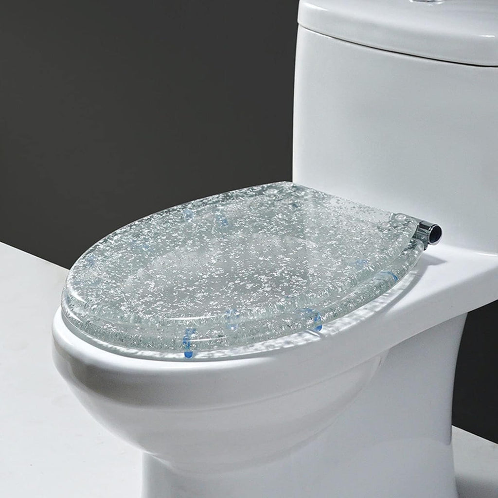 Elongated Glitter Resin Toilet Seat - Soft Close, Quick Release, Heavy Duty, Oval Design, Bathroom Toilet Lid with Silver Foil Glitter Cover. Easy to Clean and Install.