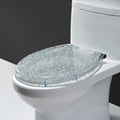 Elongated Glitter Resin Toilet Seat - Soft Close, Quick Release, Heavy Duty, Oval Design, Bathroom Toilet Lid with Silver Foil Glitter Cover. Easy to Clean and Install.