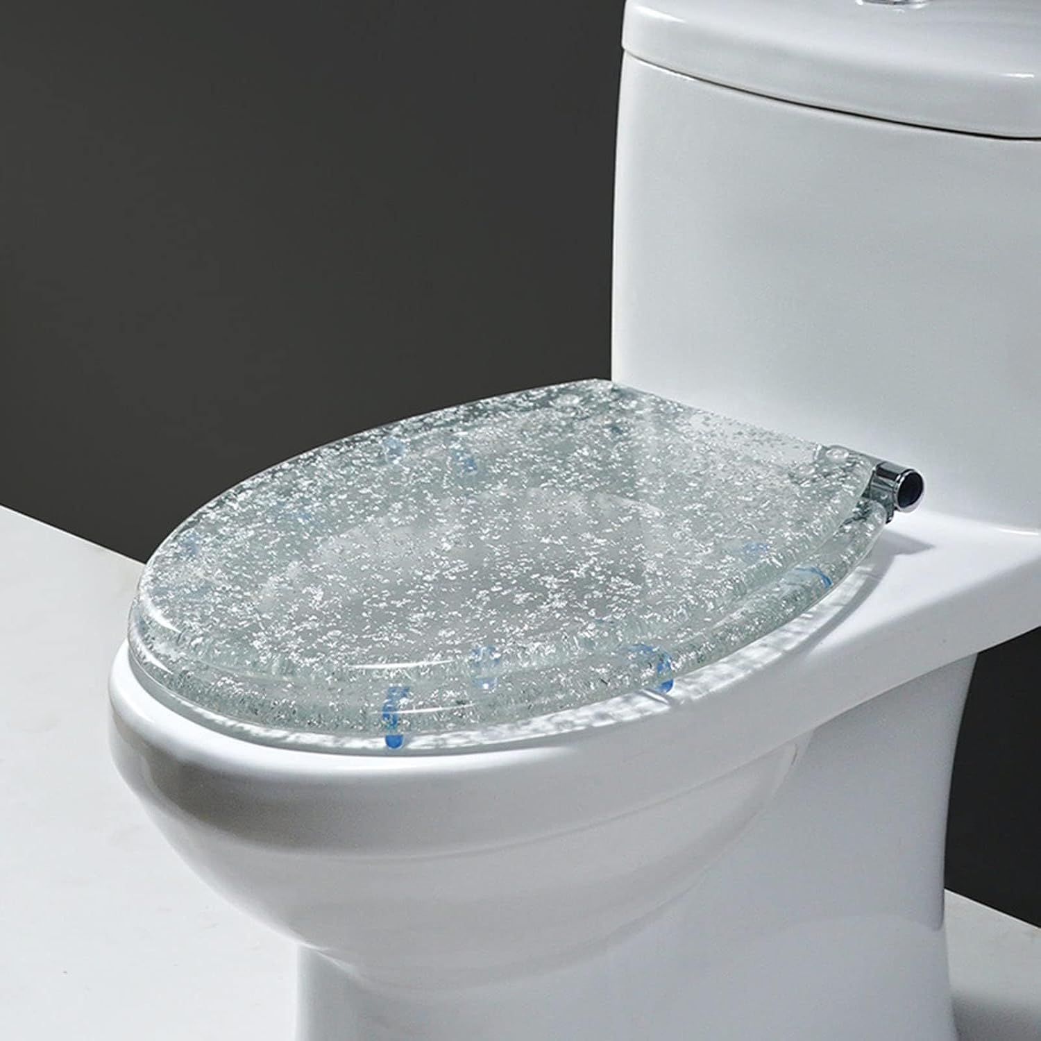 Elongated Glitter Resin Toilet Seat - Soft Close, Quick Release, Heavy Duty, Oval Design, Bathroom Toilet Lid with Silver Foil Glitter Cover. Easy to Clean and Install.