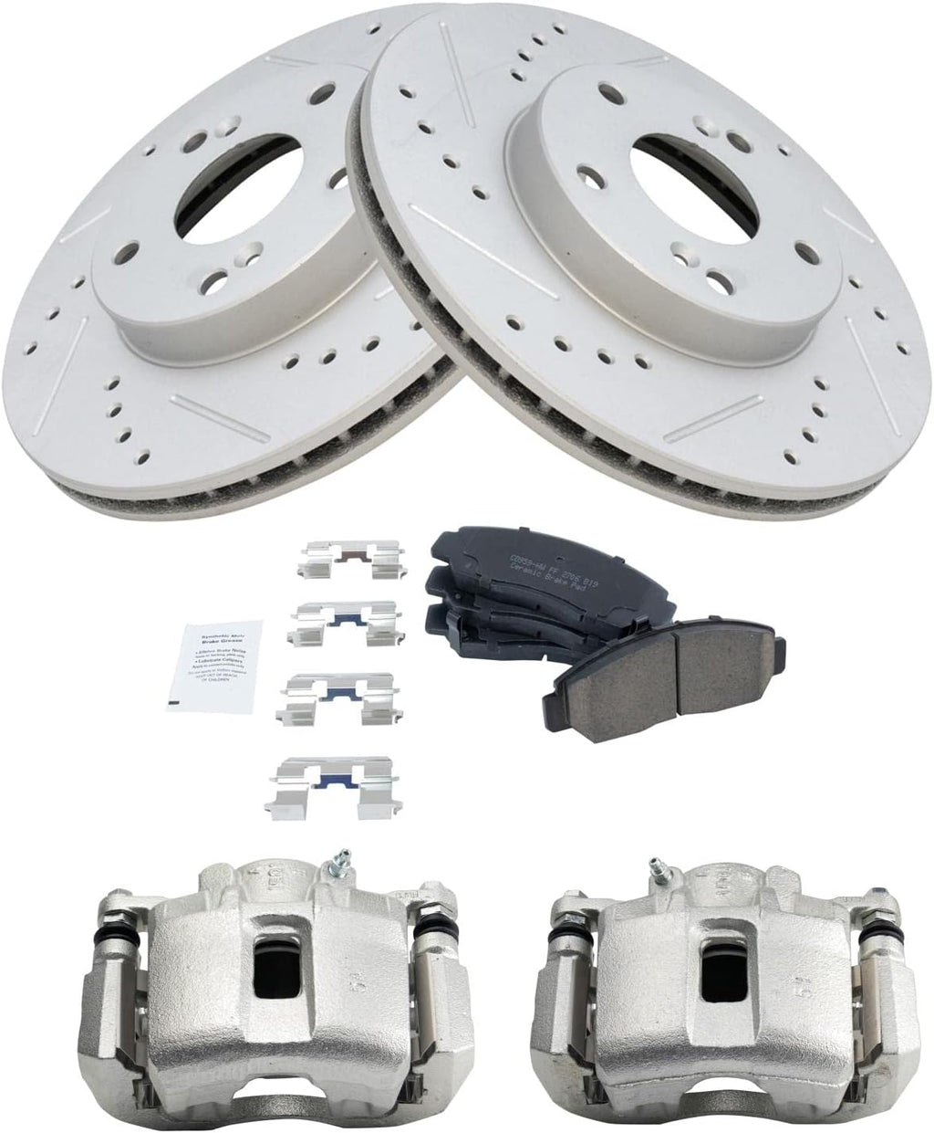 TRQ Performance Front Brake Pad and Rotor Set Ceramic Vented Coated Slotted Drilled Rotors Calipers Compatible with 2004 Honda Accord