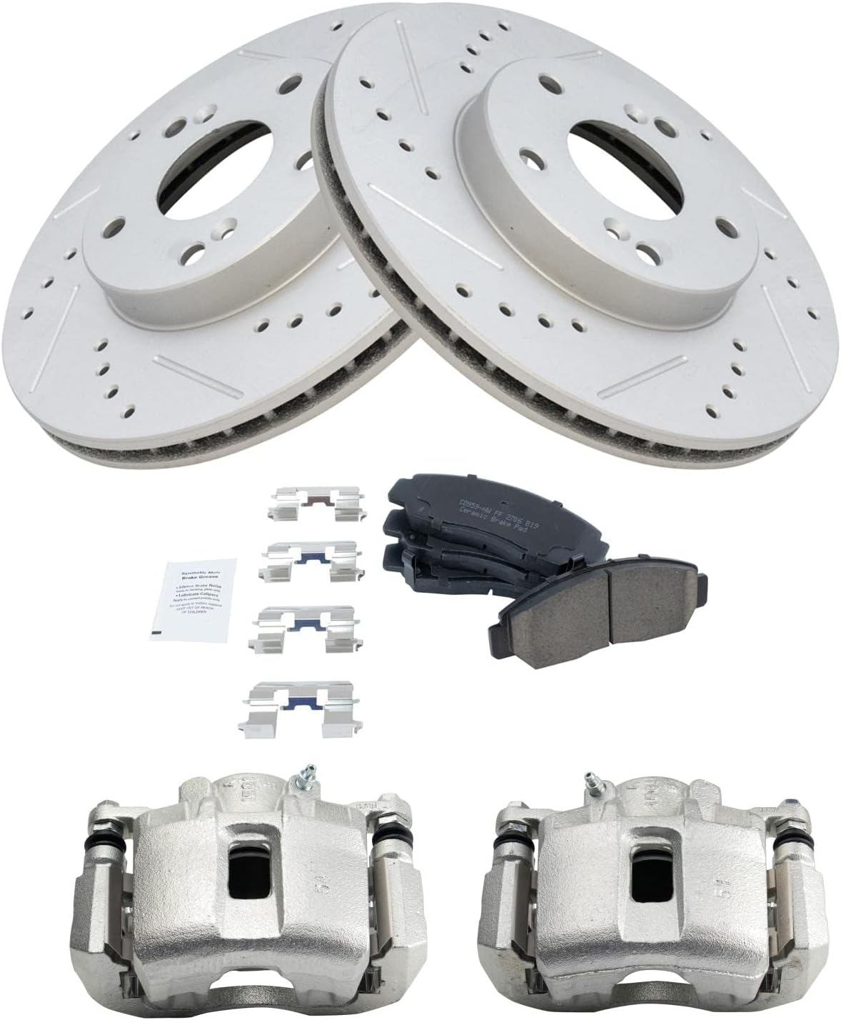 TRQ Performance Front Brake Pad and Rotor Set Ceramic Vented Coated Slotted Drilled Rotors Calipers Compatible with 2004 Honda Accord