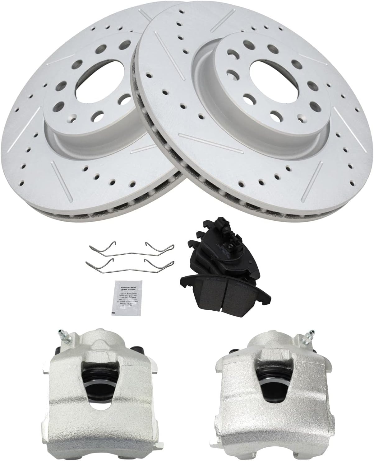 TRQ Performance Front Brake Pad and Rotor Set Ceramic Vented Coated Rotors Calipers Compatible with 2009-2011 Audi A3 Quattro