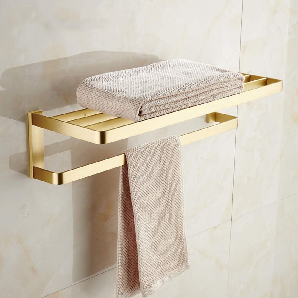Towel Rack Wall Mounted Brass Made Brushed Gold Finish Towel Double Shelf with Towel Rail Storage Holder for Hotel Bathroom Home