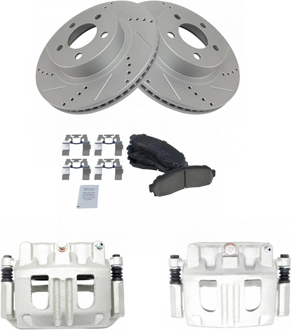 TRQ Performance Front Brake Pad and Rotor Set Ceramic G Coated Slotted Drilled Rotors Calipers Hardware Compatible with 2001-2002 Ford Explorer Sport 2003-2011 Ranger 2003-2009 Mazda B4000