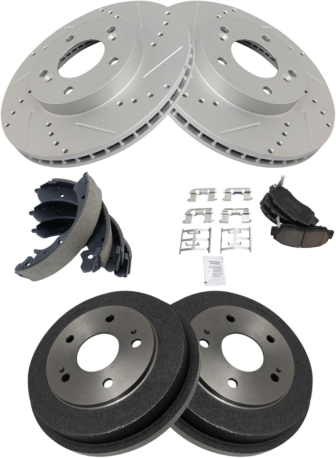 TRQ Performance Front and Rear Brake Pad & Rotor, Shoe & Drum Kit Compatible with 1997-2001 Honda CR-V