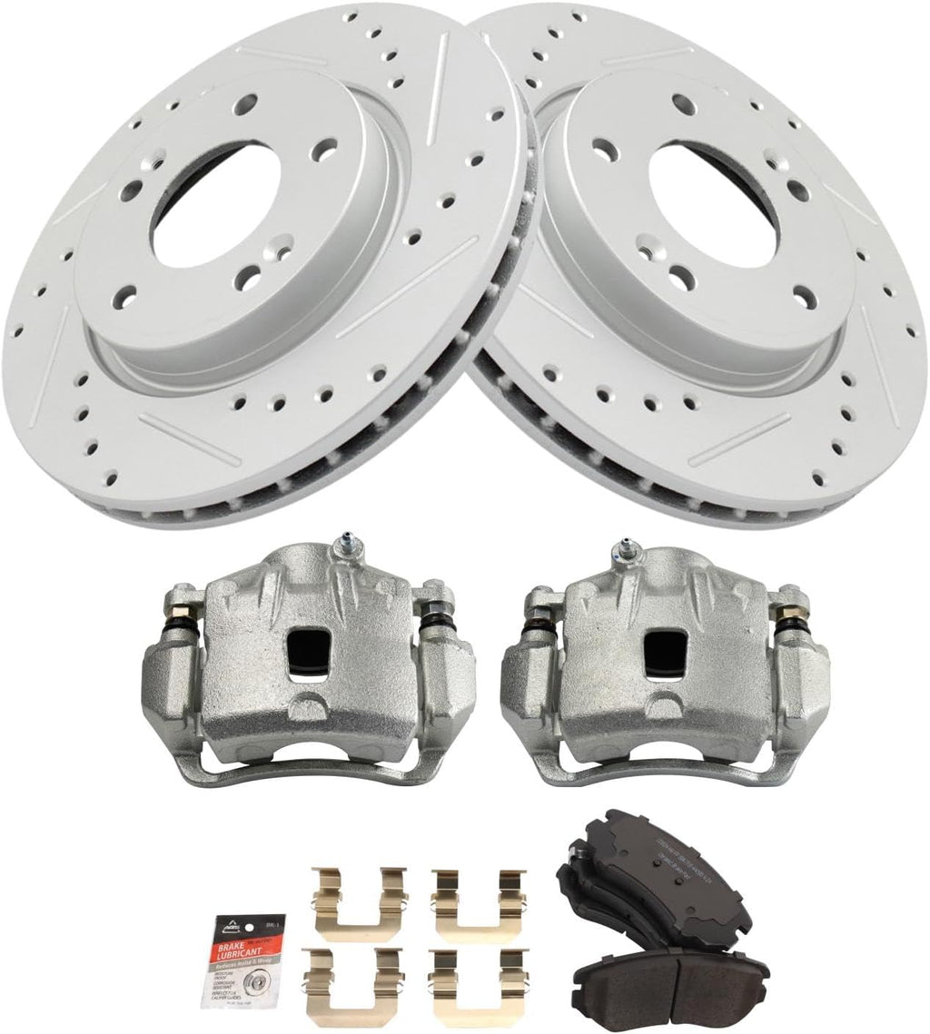 TRQ Performance Front Brake Pad and Rotor Set Ceramic Drilled Slotted Coated Rotors Calipers Compatible with 2007-2010 Hyundai Elantra
