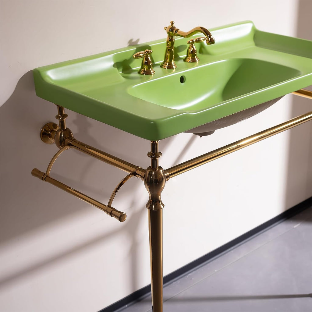 36 Inch Free Standing Bathroom Vanity with Stainless Brushed Gold Supporting Leg and Towel Rack, Green Bathroom Console Sink with 3 Tap Holes