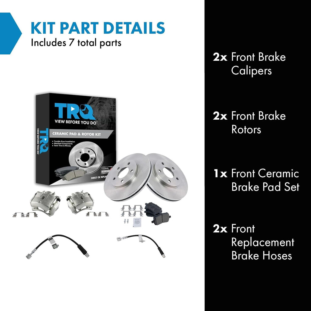 TRQ Front Brake Pad and Rotor Set Ceramic Vented Rotors Calipers Hoses 276 mm Compatible with 2004-2008 Chevrolet Malibu 2006-2007 Pontiac G6