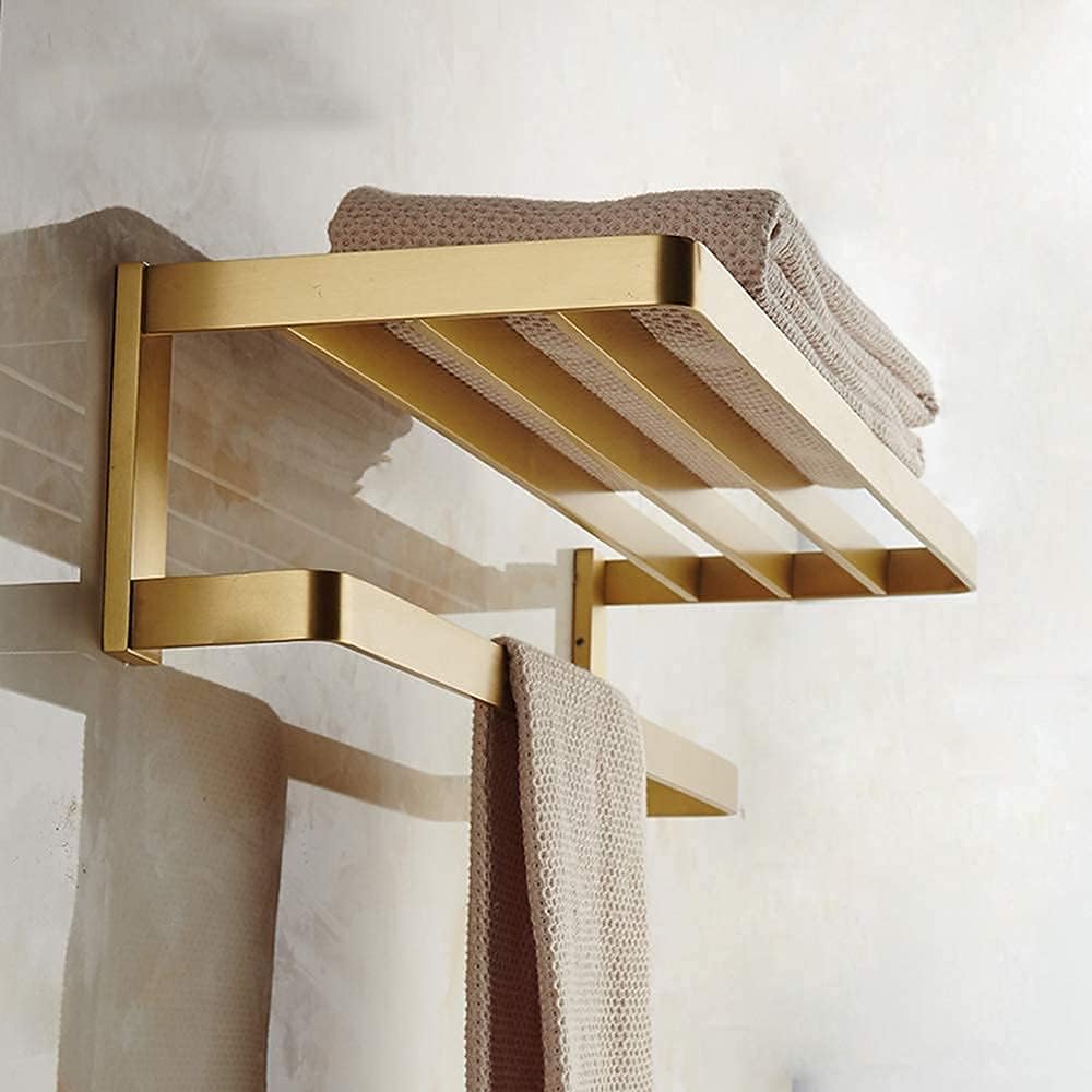 Bathroom Storage Shelf Towel Rack Wall Mounted Brass Made Brushed Gold Finish Towel Double Shelf with Towel Rail Storage Holder for Hotel Bathroom Home,