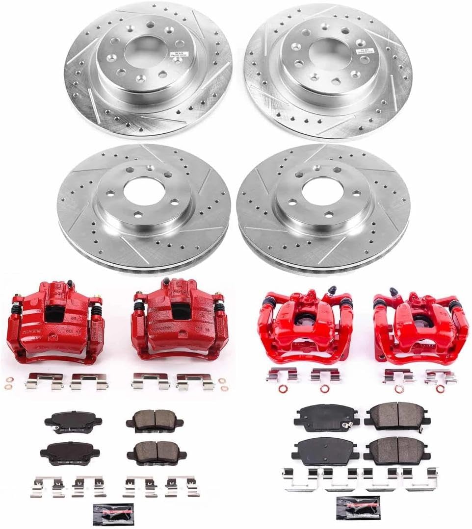 PowerStop Front and Rear Brake Kit for Buick LaCrosse 2019 |Chevrolet Equinox 2018-21 - Carbon-Fiber Ceramic Brake Pads + Drilled & Slotted Rotors + Red Powder Coated Calipers, KC7564