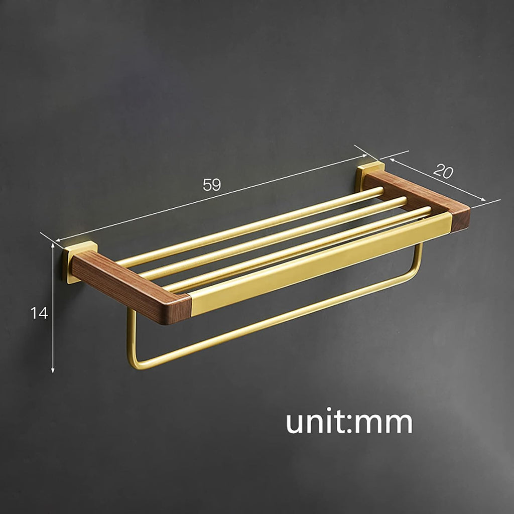 Bathroom Towel Rack Brushed Gold Towel Bar Space Aluminum and Walnut Towel Rail Wall Mounted Towel Holder Double Rod Storage Rack for Bathroom, Kitchen, Toilet