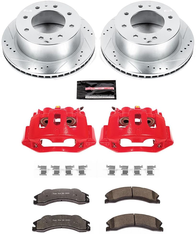 PowerStop Rear Brake & Caliper Kit for Chevrolet Silverado 2500 HD 2011-14 |Silverado 3500 HD 2011-19 - Drilled & Slotted Disc Rotors + Z36 Brake Pads + Red-Powder Coated Calipers, KC5563-36