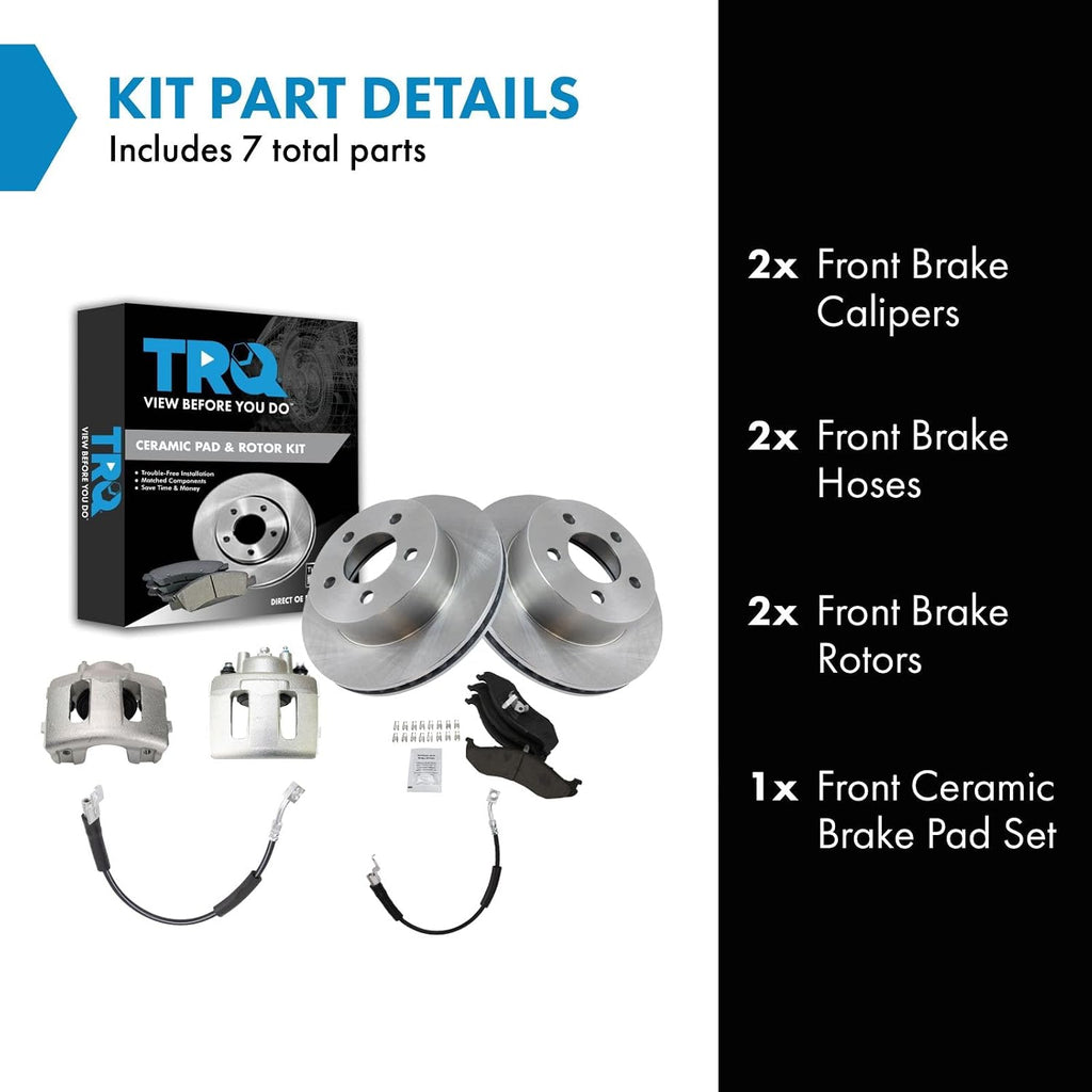 TRQ Front Brake Pad and Rotor Set Ceramic Rotors Calipers Hoses Compatible with 1999-2001 Jeep Cherokee 1999-2006 Wrangler