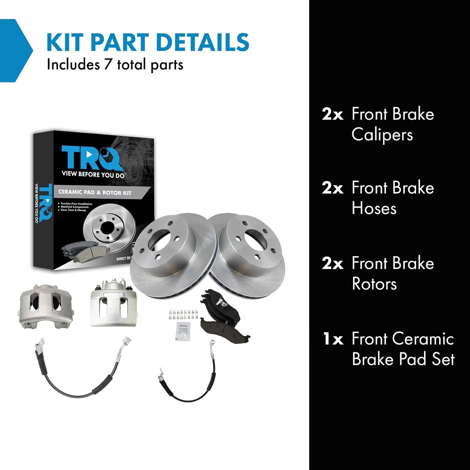 TRQ Front Brake Pad and Rotor Set Ceramic Rotors Calipers Hoses Compatible with 1999-2001 Jeep Cherokee 1999-2006 Wrangler