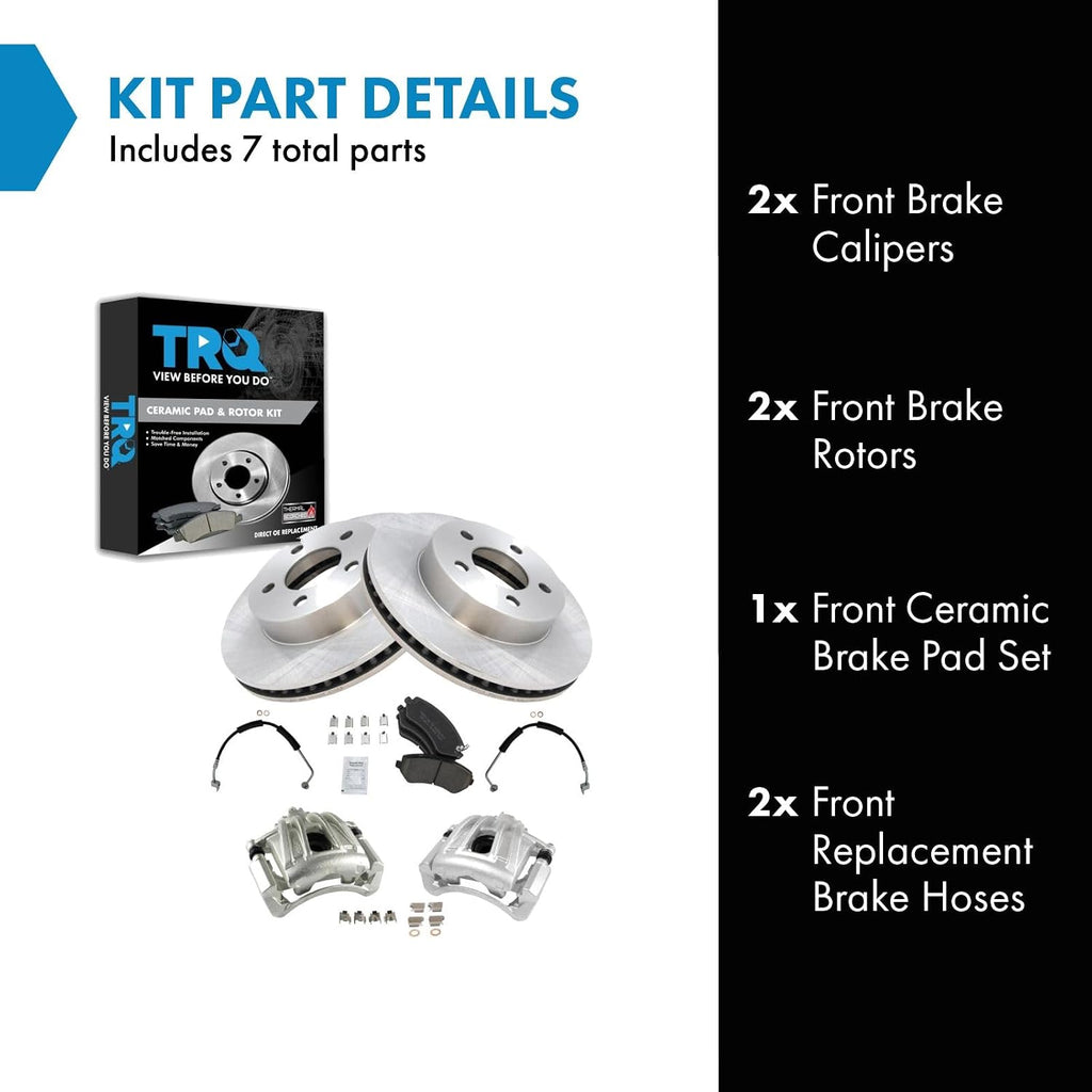 TRQ Front Brake Pad and Rotor Set Ceramic Vented Rotors Calipers Hoses Compatible with 2002-2007 Jeep Liberty