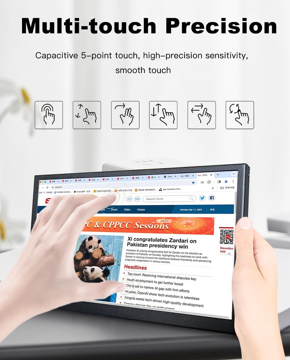 10.1 inch Touchscreen Small Portable Monitor 2.5K 2560x1600 IPS Screen Display USB-C HDMI Travel Secondary Computer Monitor for CCTV Gaming Windows PC with Speakers