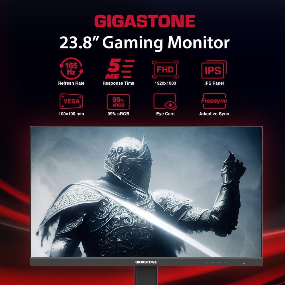 Gigastone 24 inch IPS LED Back Light Gaming Monitor 165Hz FHD 1920 x 1080, 178° Wide View Frameless PC Monitor, Built-in Speakers, FreeSync, Eye Care Technology, Ergonomic Tilt VESA Mount,DP,HDMI