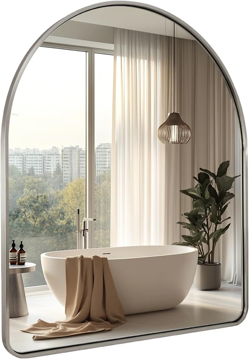 ANDY STAR Arched Wall Mirror, 24x30'' Brushed Nickel Bathroom Mirror, Arch Bathroom Mirror SUS304 Stainless Steel Frame 1'' Deep Set Wall Mounted Vertical for Bathroom Remodel,Over Sinks, Home Decor
