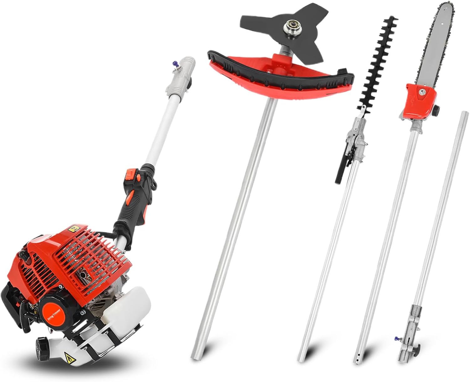 5 in 1 Hedge Trimmer Grass Tree Trimmer Gas Powered, 52CC 2-Stroke Multi Functiona Gas Weed Eater/Brush Cutter/Chainsaw, Maximum Power/Speed-2.3KW/8500rpm Weed Wacker for Yard Garden Red