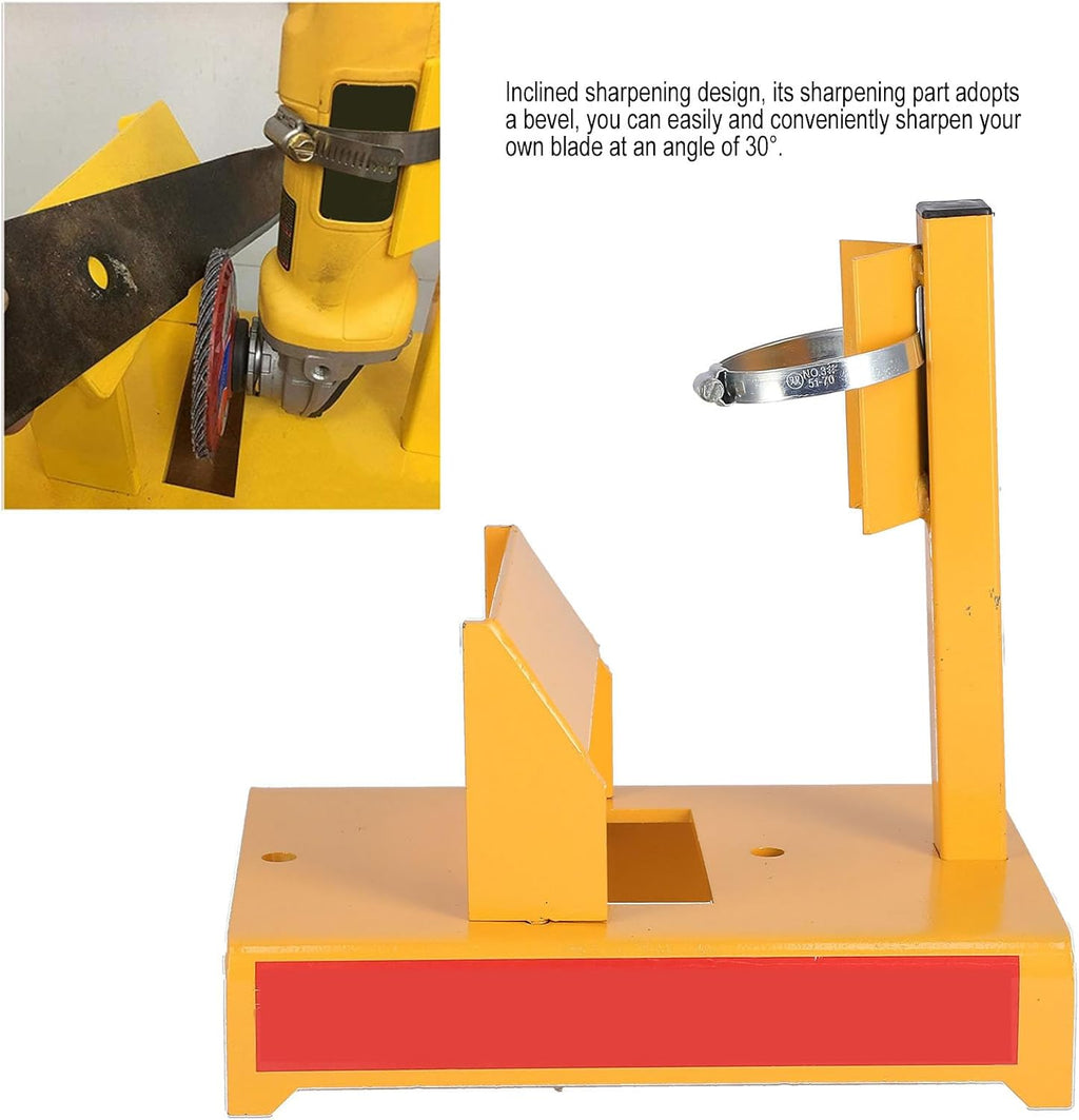 Pilipane Lawn Mower Blade Sharpener Grinder Adjustable Detachable Anti Tool for Lawn Mower Blade Maintenance Yellow Iron Material 30° Angle Sharpening Design