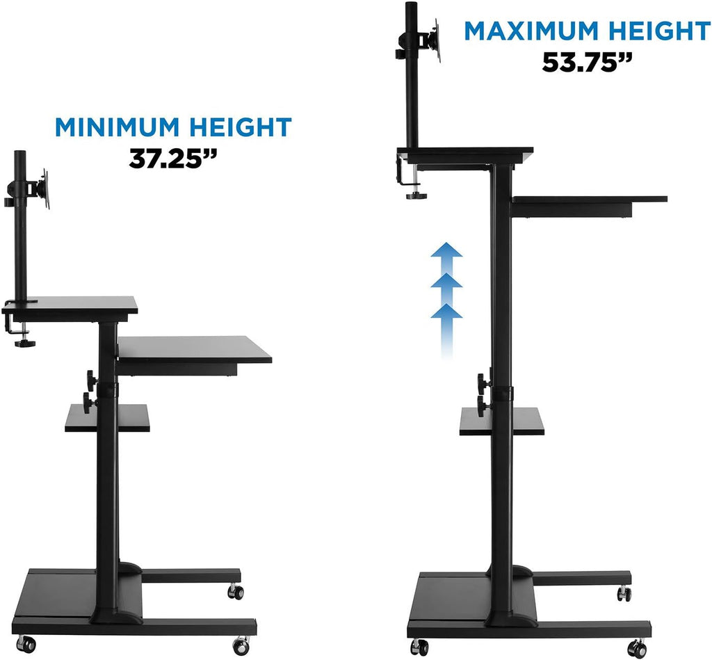 Mount-It! Rolling Adjustable Stand-Up Desk with Monitor Arm - Mobile Computer Workstation & Presentation Cart, in Black Color (MI-7942B)