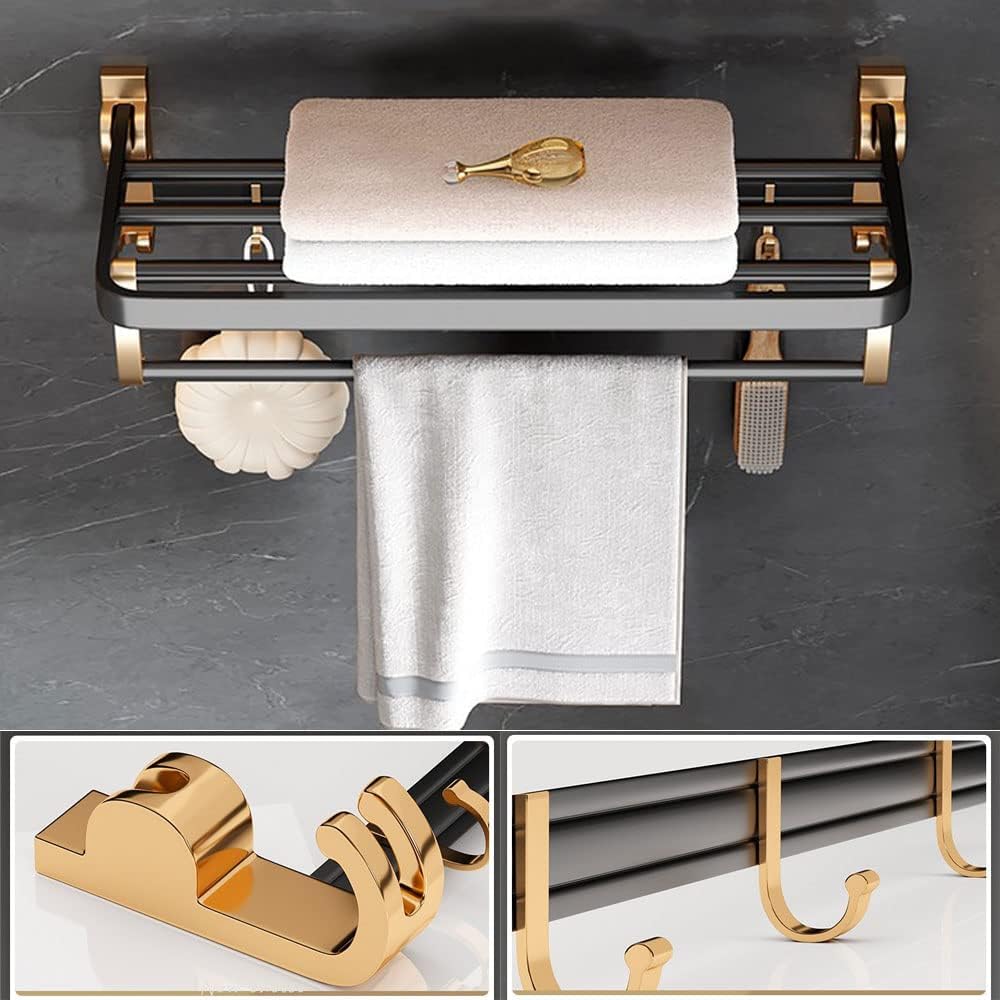 Modern Black and Gold Bathroom Towel Rack with Double Rail and Hooks Wall Mounted Aluminum Towel Storage Holder for No Drill Installation 60cm
