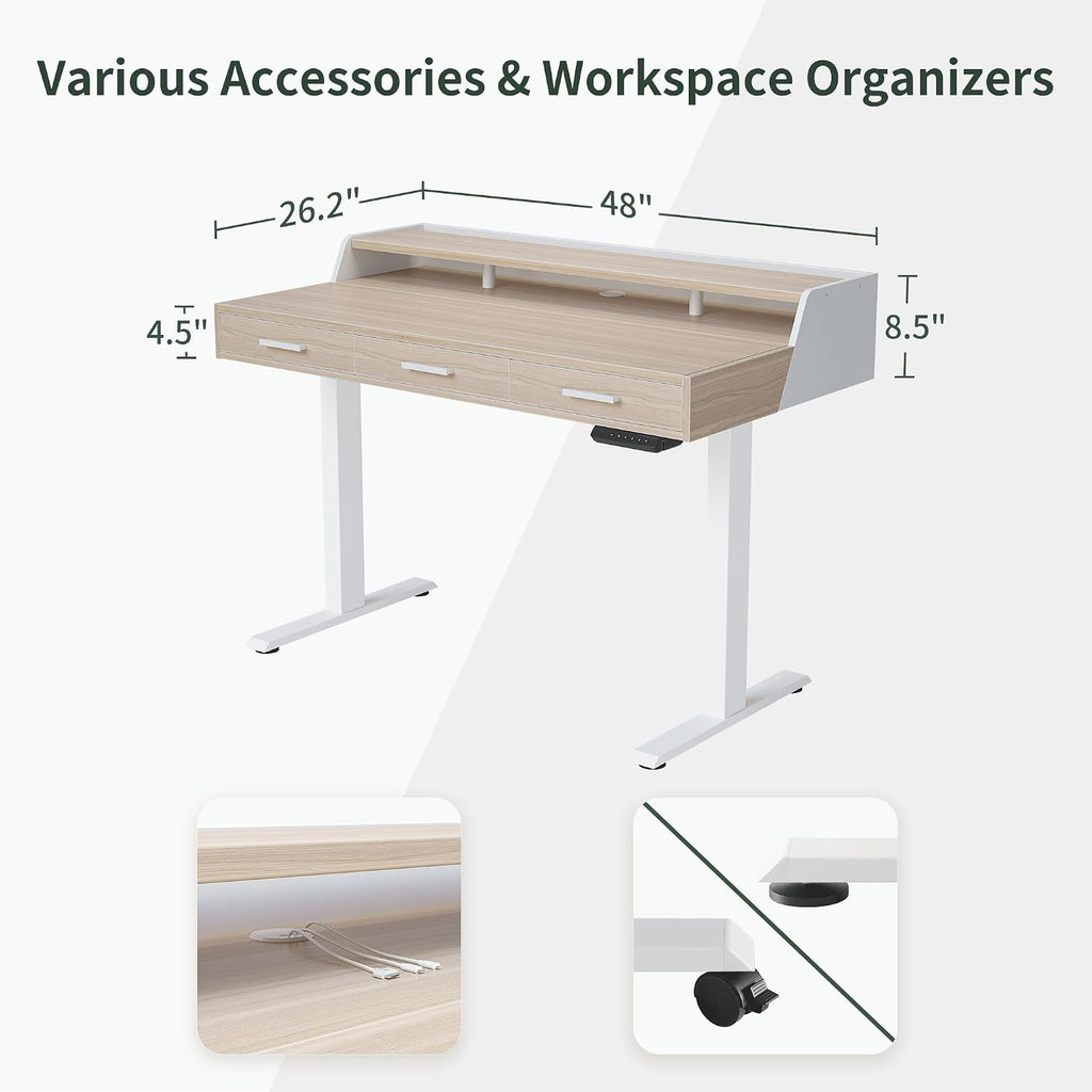 FEZIBO Electric Standing Desk 48x26 Inches with 3 Wood Drawers and Monitor Shelf, Height Adjustable Computer Desk, Ergonomic Rising Home Office Desks, Sit Stand Up Workstation Table, Light Walnut