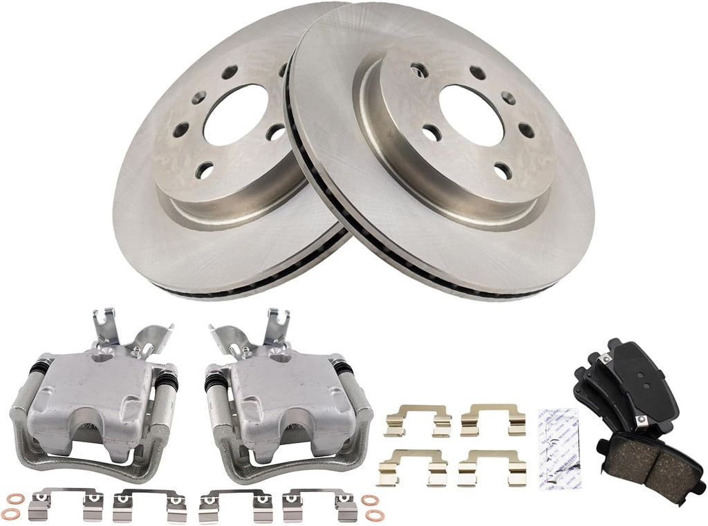 TRQ Rear Brake Pad and Rotor Set Ceramic Vented Rotors Calipers Compatible with 2014-2015 Chevrolet Malibu L4 2.0L
