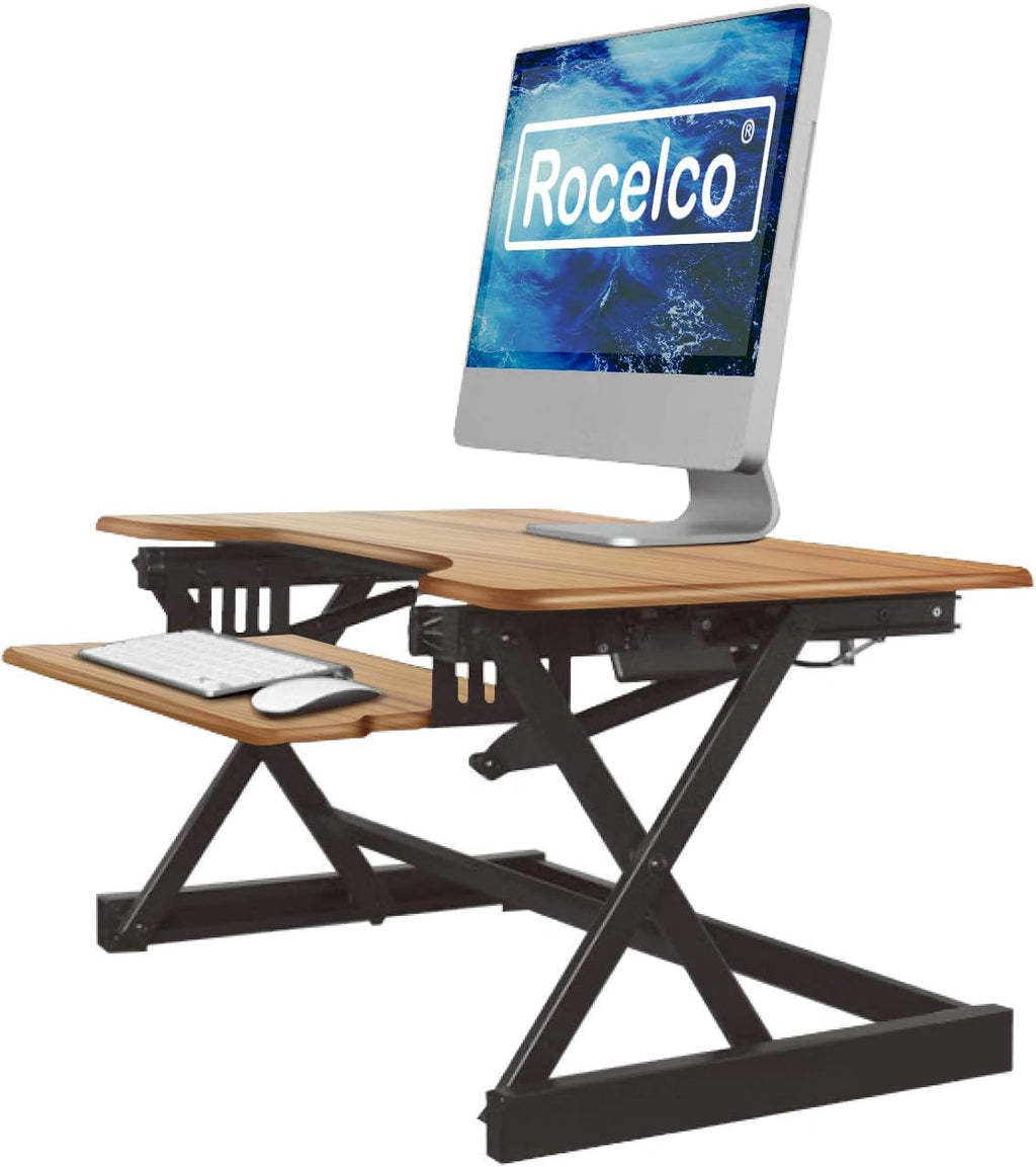 Rocelco 32' Height Adjustable Standing Desk Converter - Sit Stand Computer Workstation Riser - Dual Monitor Retractable Keyboard Tray Gas Spring Assist - Teak Wood Grain (R EADRT)