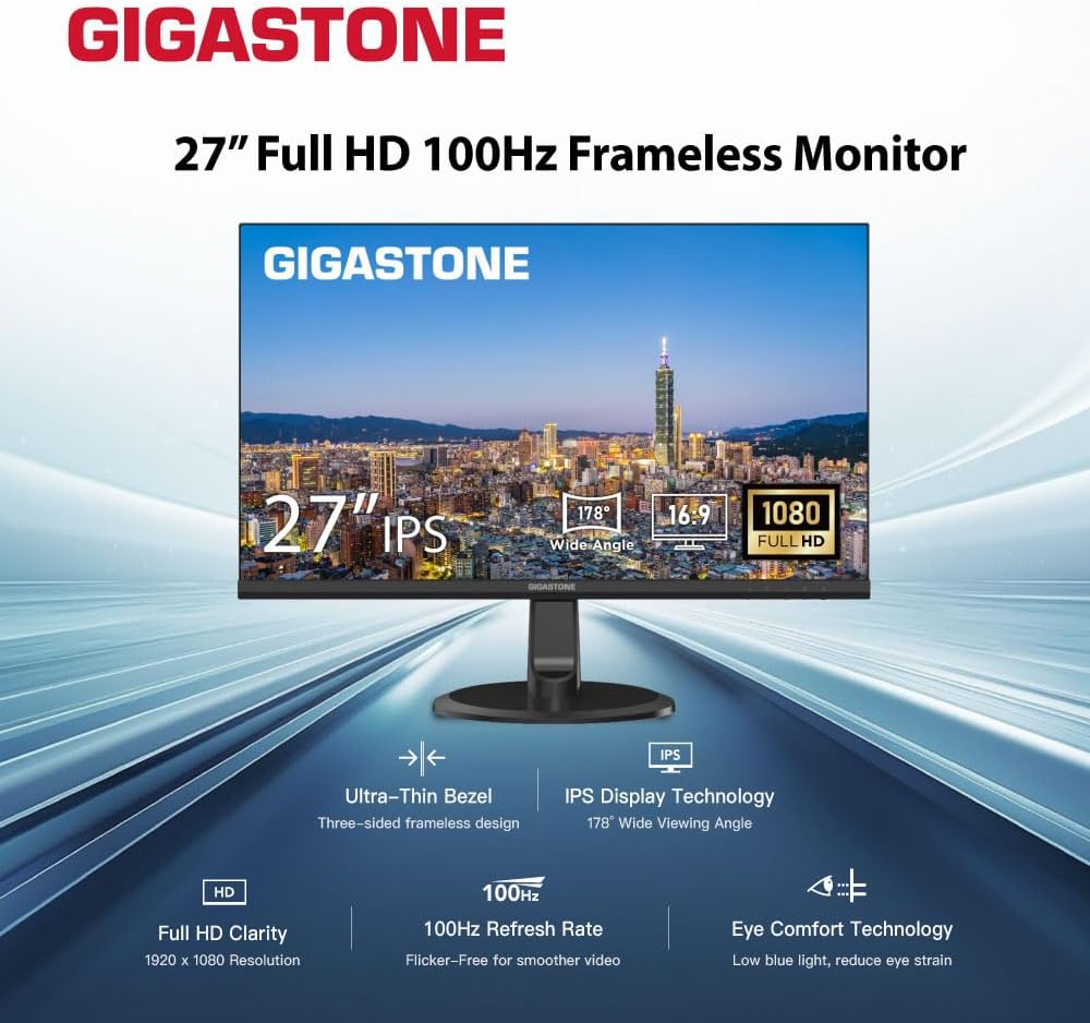 Gigastone 27 inch IPS LED Back Light Monitor 100Hz FHD 1920 x 1080,178°WideView,Frameless, Dual Monitor, MPRT 1ms, Built-in Speakers, Eye Care Technology, Ergonomic Tilt VESA Mount, HDMI VGA