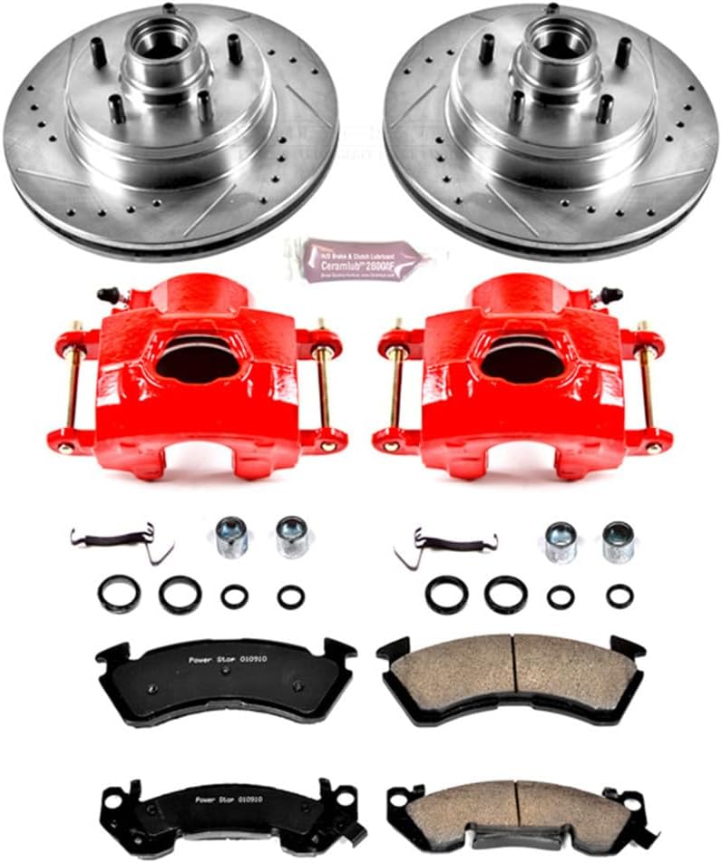 PowerStop Front Brake & Caliper Kit for Chevrolet Impala 1994-96 - Carbon-Fiber Ceramic Brake Pads + Drilled & Slotted Rotors + Red Powder Coated Calipers, KC2937