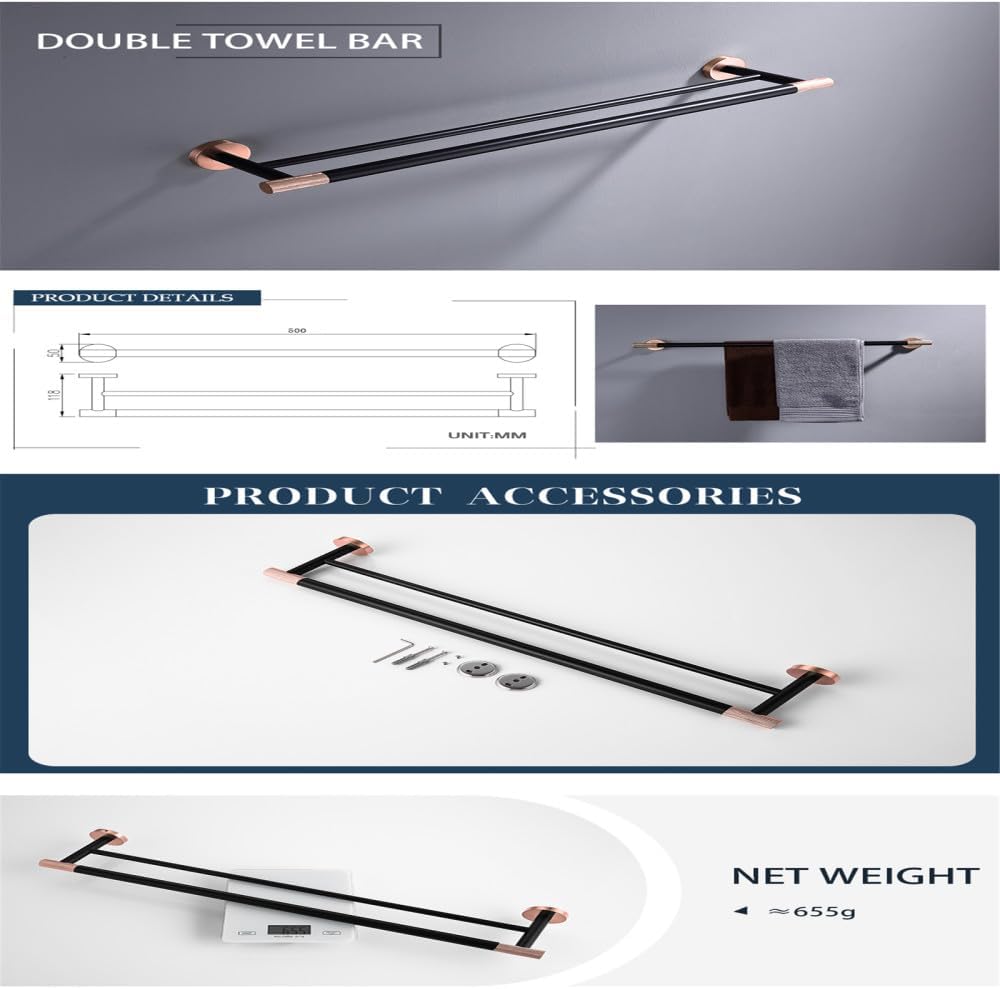 Rose Gold Matte Black Stainless Steel Bathroomardware Set Modernccessories foromeécor Towel Rack Toilet Paperolder Ring Brush Stylish Fixtures(Double Towel Bar)