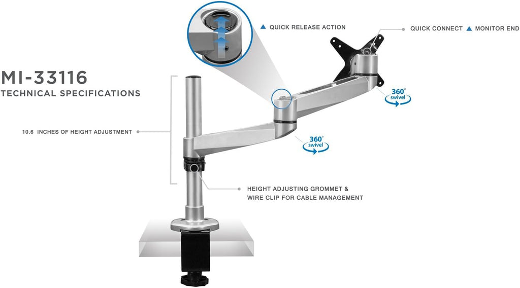 Mount-It! Articulating Single Arm Computer Monitor Desk Mount for 24-Inch Monitors (MI-33116)