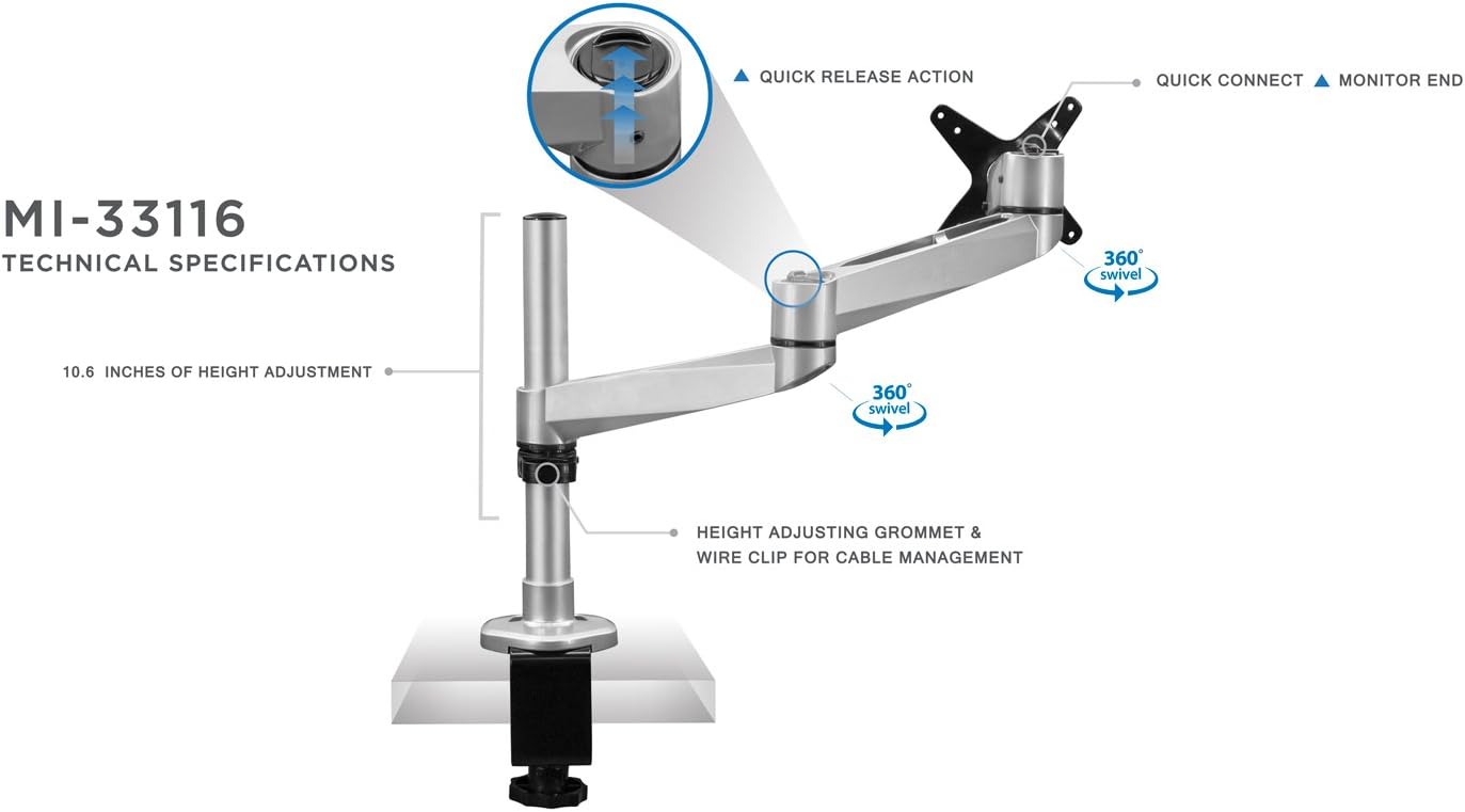 Mount-It! Articulating Single Arm Computer Monitor Desk Mount for 24-Inch Monitors (MI-33116)