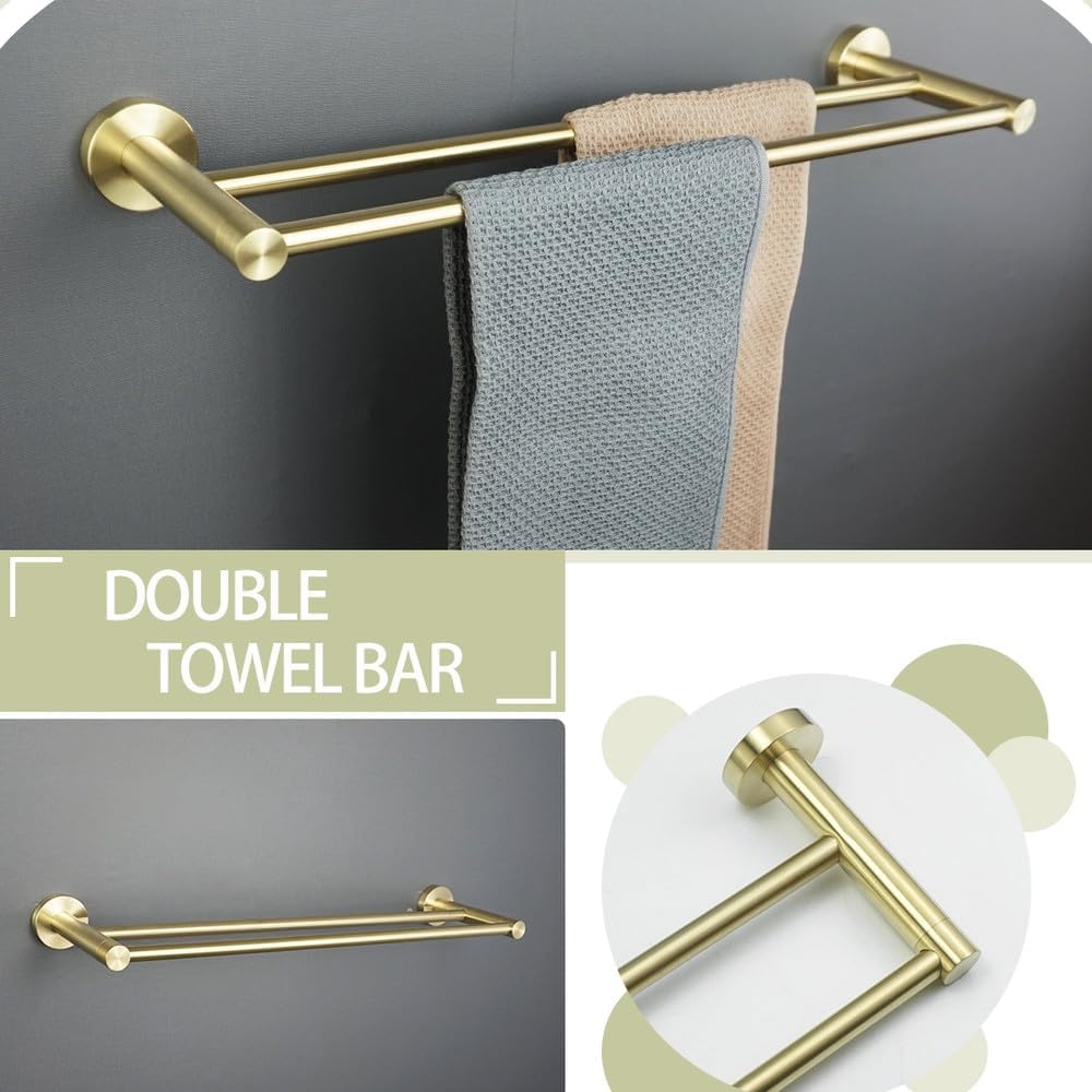 Brushed Gold Wall Mount Shelf Toilet Bath Hardware Paper Holder Towel Bar Rack Rail Rod Robe Hook Hanger Bathroom Accessories,Double Towel Bar
