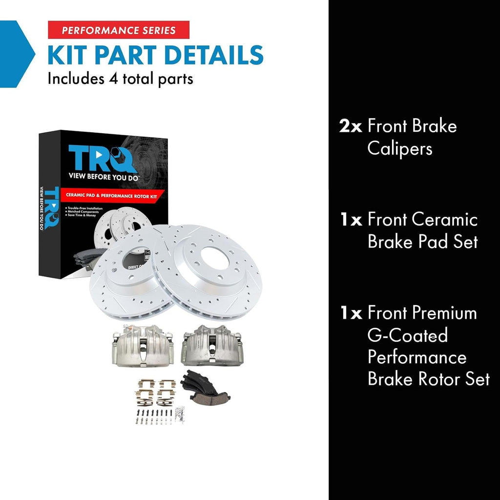 TRQ Performance Front Brake Pad & Rotor Ceramic Coated Drilled Rotors Calipers Compatible with 02-05 Chevrolet Trailblazer GMC Envoy 02-04 Oldsmobile Bravada 04-05 Buick Rainier 2005 Isuzu Ascender