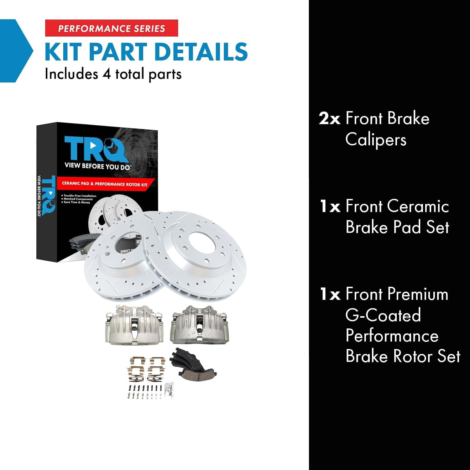 TRQ Performance Front Brake Pad & Rotor Ceramic Coated Drilled Rotors Calipers Compatible with 02-05 Chevrolet Trailblazer GMC Envoy 02-04 Oldsmobile Bravada 04-05 Buick Rainier 2005 Isuzu Ascender