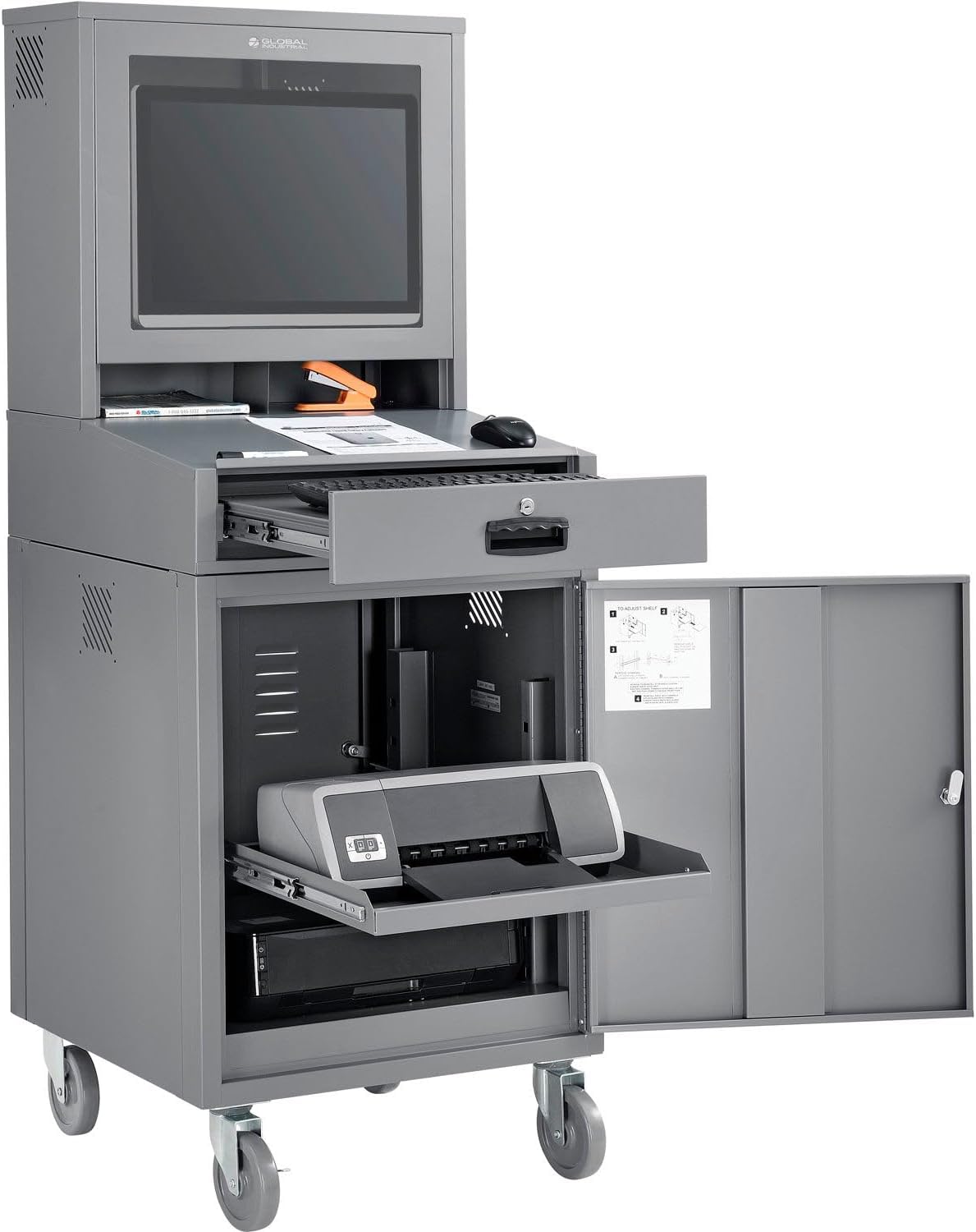 Global Industrial Mobile Security LCD Computer Cabinet Enclosure for 24' Diagonal Monitors, Steel Construction, Gray Powder Coat Finish, 24-1/2'W x 22-1/2'D x 62-3/4'H