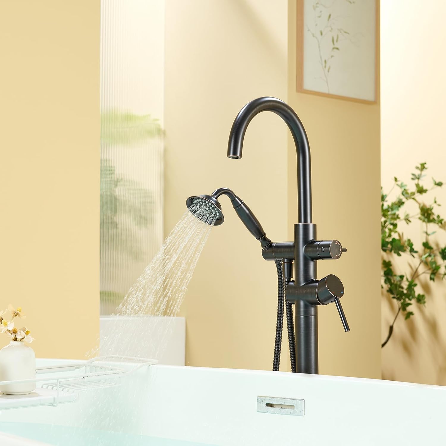 Wowkk Tub Filler Freestanding Bathtub Faucet Oil Rubbed Bronze Floor Mounted Brass Bathroom Tub Faucets with Hand Shower