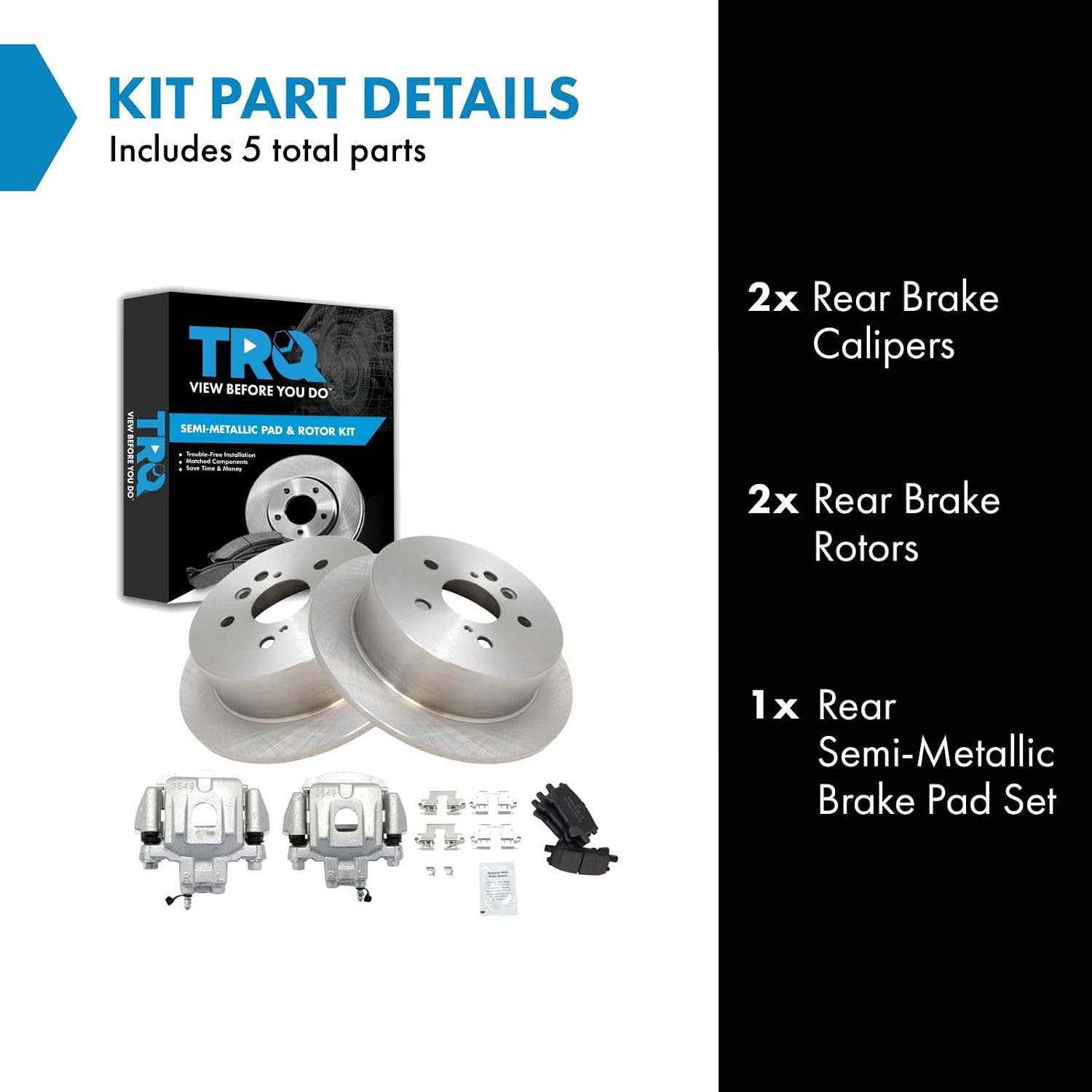TRQ Rear Brake Pad and Rotor Set Semi Metallic Rotors Calipers Compatible with 2004-2007 Toyota Highlander