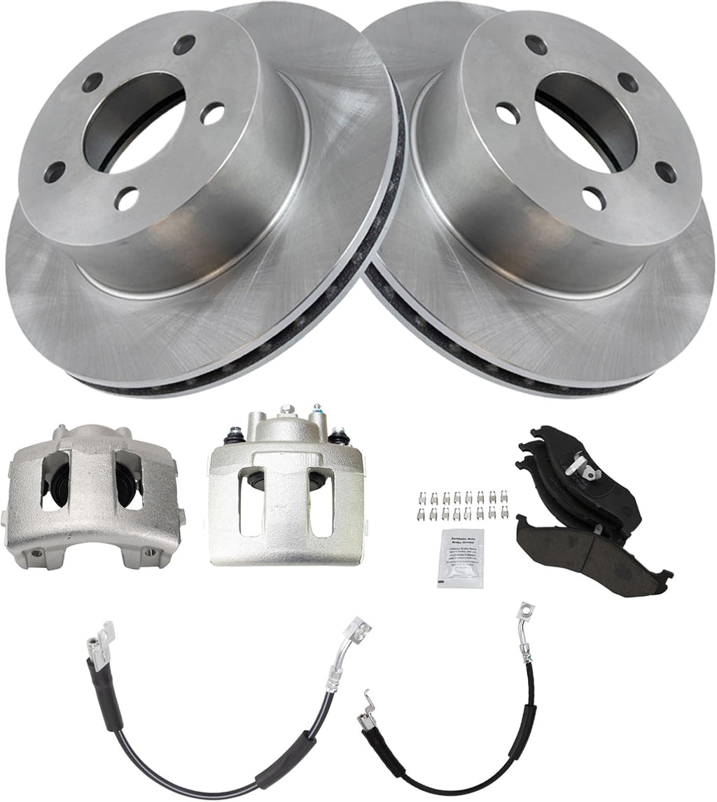 TRQ Front Brake Pad and Rotor Set Ceramic Calipers Hoses Compatible with 1990-1999 Jeep Cherokee 1990-1992 Comanche 1990 Wagoneer 1993-1998 Grand Cherokee 1997-1999 Wrangler