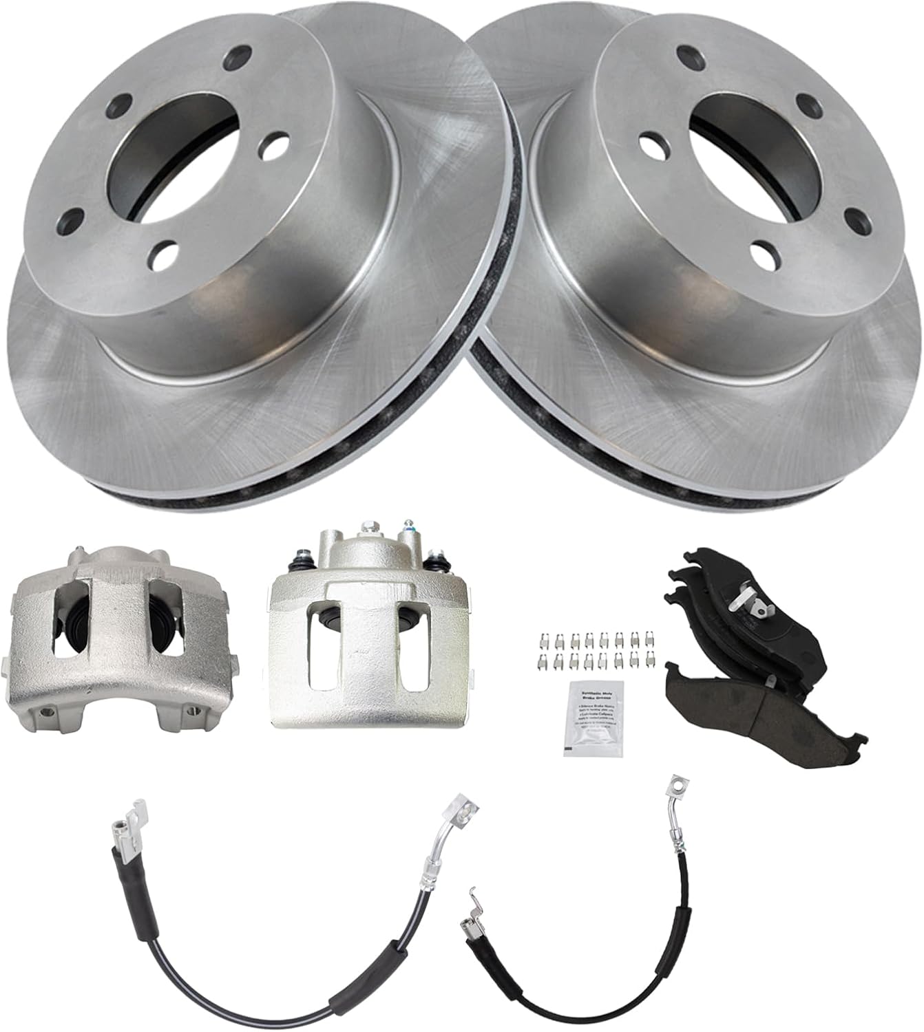 TRQ Front Brake Pad and Rotor Set Ceramic Calipers Hoses Compatible with 1990-1999 Jeep Cherokee 1990-1992 Comanche 1990 Wagoneer 1993-1998 Grand Cherokee 1997-1999 Wrangler