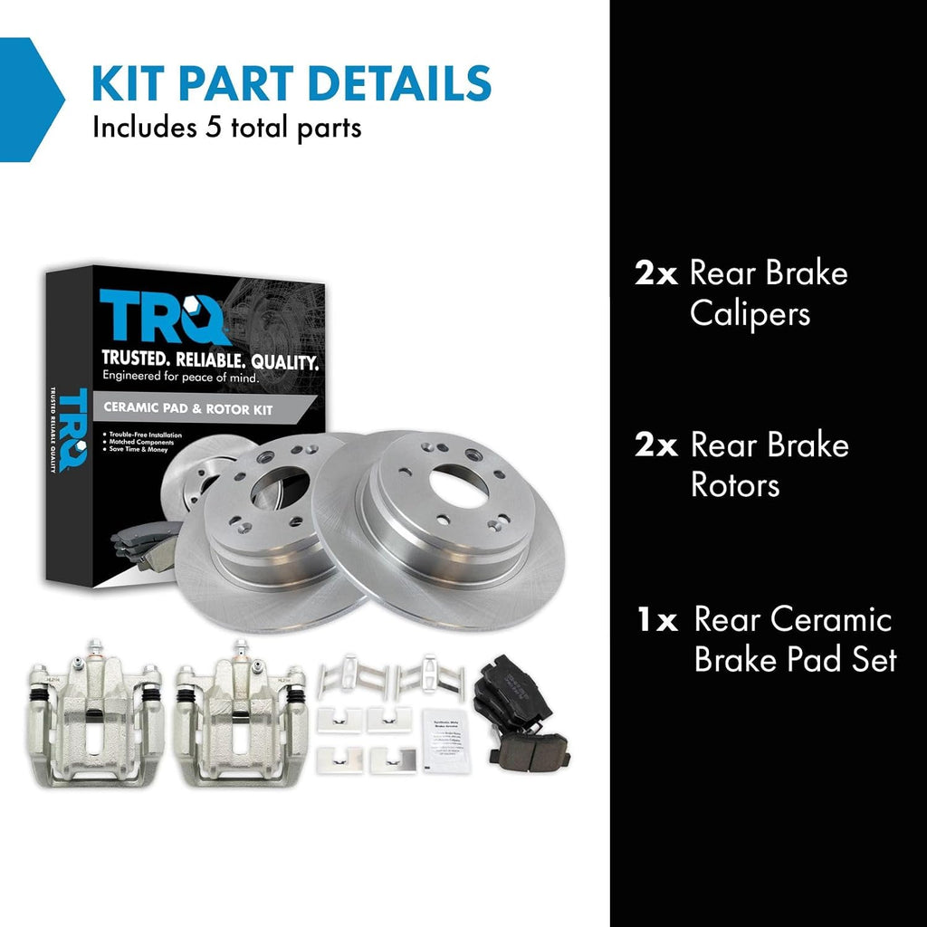 TRQ Rear Brake Pad and Rotor Set Ceramic Solid Rotors Calipers Compatible with 1999-2003 Acura TL